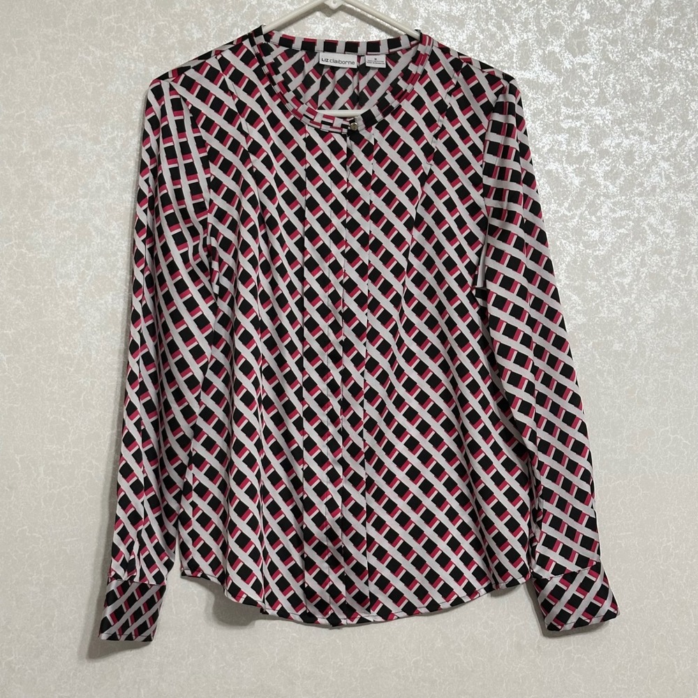Liz Claiborne White Black Pink Geometric Print Long Sleeve Button Up Shirt Top M